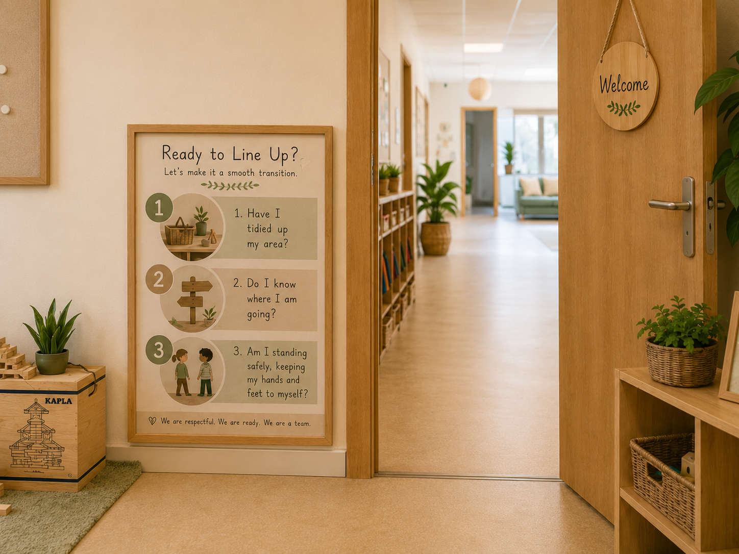 A co-constructed classroom routine display reminding students how to line up